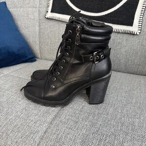 Chic Black Heeled Boots with Buckle Detail